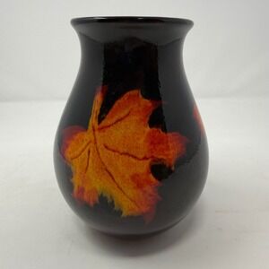 Poole Pottery England Black Maple Leaf Vase Orange Yellow Art Pottery Ceramic 8"